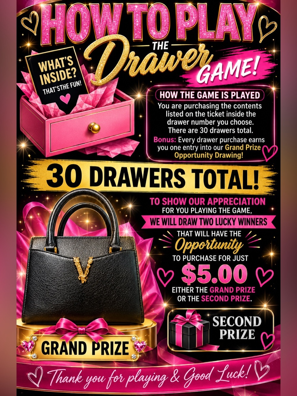 How to play flyer for today’s game Drawer Game Prize